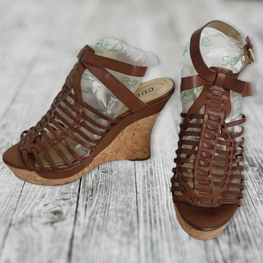 Guess Cage Gladiator Platform Cork Wedge Sandals 9.5 EUC Brown Natural